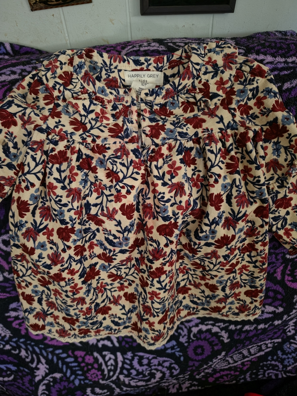 Happily Grey Kids Cream Floral Corduroy Top